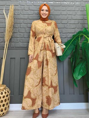 Güğüs Kısmı Gizli Düğmeli Bel Kuşaklı Desenli Tulum Vizon