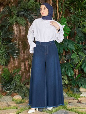 Denim Bol Paça Pantolon Etek Lacivert