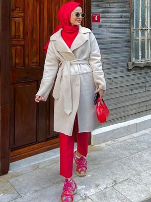 Bej Uzun Nubuk Kürklü Kaban