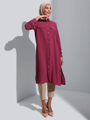 Koyu Gul Boydan Düğmeli Uzun Aerobin Tunik