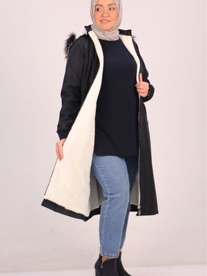 Lacivert Büyük Beden İçi Kürklü Bondit Kap