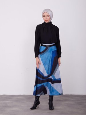 Desenli Hafif Kloş Etek İndigo