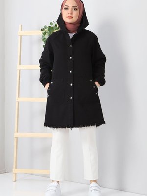 Kapüşonlu Cepli Kot Kap Siyah