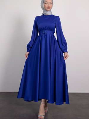 Prenses Kloş Kesim Manşet Detaylı Abiye Elbise Saks