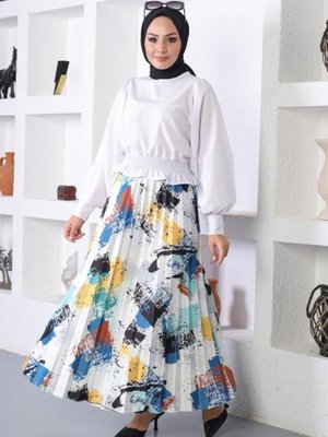 Desenli Piliseli Etek İndigo