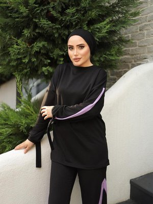 Kolları Bağıcıklı İkili Takımı Siyah Lila Kolları Bağıcıklı İkili Takımı Siyah Lila