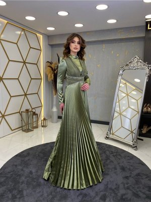Pileli Işıltı Abiye Elbise Fıstık Yeşili
