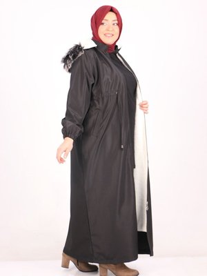 Büyük Beden Bondit İçi Kürklü Ferace Siyah Büyük Beden Bondit İçi Kürklü Ferace Siyah