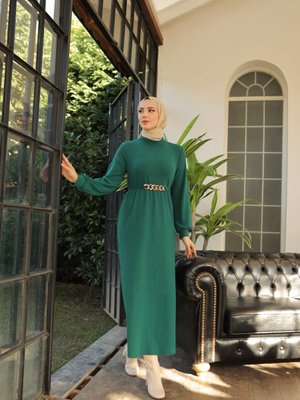 Tokalı Kuşaklı Elbise Zümrüt Yeşili