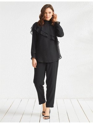 Güpürlü Cep Görünümlü Siyah Bluz