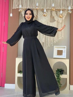 Dantel İşleme Detay Kol Manşetleri Lastikli Şifon Tulum Siyah