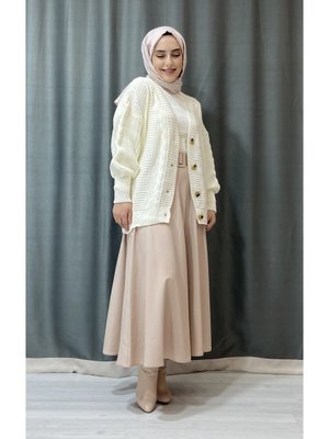 Kışlık Saç Örgü Kısa Triko Hırka Ekru