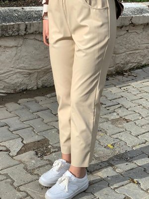 Bej Kesik Paça Deri Pantolon