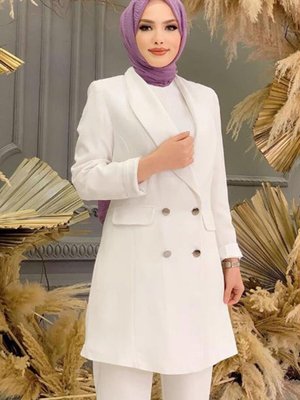 Krem Vatkalı Düğmeli Ceket