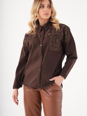 Dantelli Koyu Kahverengi Gömlek