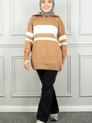 Bisküvi Çizgili Yarım Fermuarlı Triko Tunik