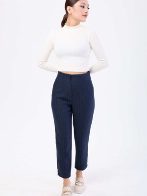 Lacıvert Yüksek Bel Çizgili Boru Paça Kumaş Pantolon