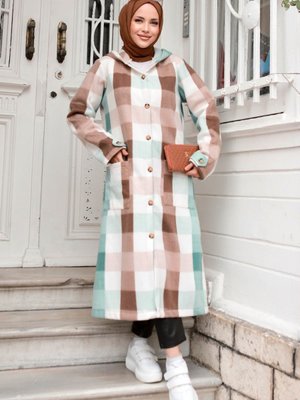 Boydan Düğmeli Kapüşonlu Kap Kahve