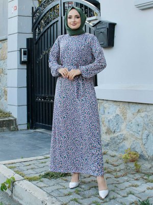 Saks Mavisi Çiçek Desenli Kuşaklı Elbise Saks Mavisi Çiçek Desenli Kuşaklı Elbise