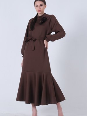 Kahve Bisiklet Yaka Belden Kuşaklı Abiye Elbise Kahve Bisiklet Yaka Belden Kuşaklı Abiye Elbise