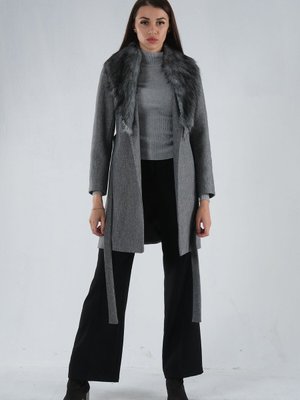 Gri Seyyar Kürklü Çift Cepli Kaşe Kaban