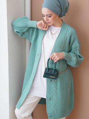 Mint Saç Örgü Desen Düğmeli Triko Hırka