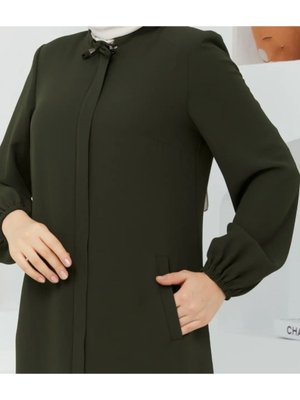 Giyim Krep Kumaş Ferace Yaka Bağcıklı Haki Yeşil