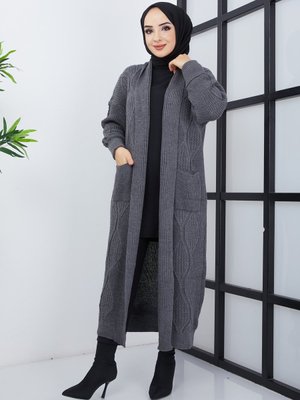 Antrasit Örgü Desenli Cepli Triko Hırka