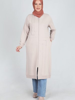 Büyük Beden Nervürlü Taş İşlemeli İki İplik Kap Bej