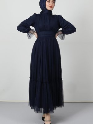 Kuşaklı Fırfırlı Tül Elbise Lacivert Kuşaklı Fırfırlı Tül Elbise Lacivert