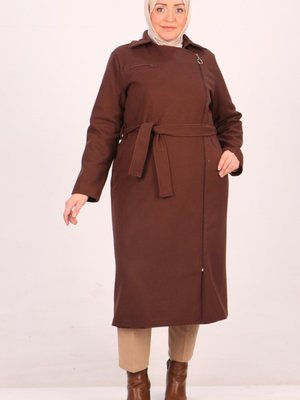 Kahverengi Büyük Beden Yandan Femuarlı Kaşe Kaban