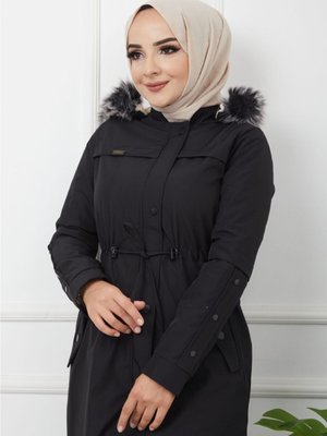 Waterprof Siyah Içi Kürklü Uzun Tessetür Mont Kaban Waterprof Siyah Içi Kürklü Uzun Tessetür Mont Kaban