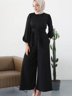 Fulya Kolları Lastikli Kemerli Tulum Siyah