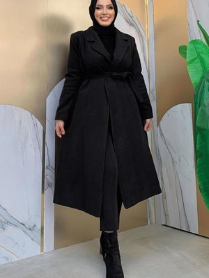 Kadın Siyah Kuşaklı Kaşe Kaban T Kadın Siyah Kuşaklı Kaşe Kaban T