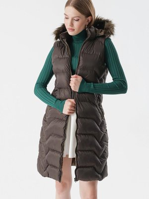 Haki Kürk Kapüşonlu Cepli Uzun Şişme Yelek Haki Kürk Kapüşonlu Cepli Uzun Şişme Yelek