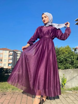 Simli Belden Kuşaklı Somon Abiye Elbise