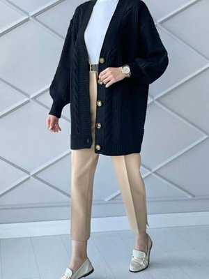 Kışlık Saç Örgü Kısa Triko Hırka Siyah