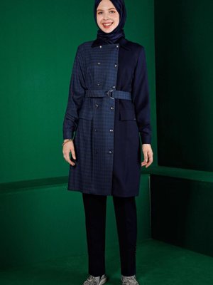 Ekose Detaylı Düğmeli Kemerli Tunik