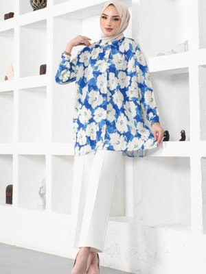 Desenli Gömlek Saks Mavisi