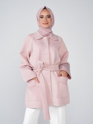 Puf Kumaş Bebe Yaka Cep Düğme Ve Kemer Detaylı Vendy Ceket Pudra