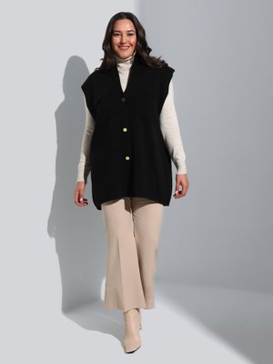 Siyah Şal Yaka Cep Detaylı Büyük Beden Triko Yelek