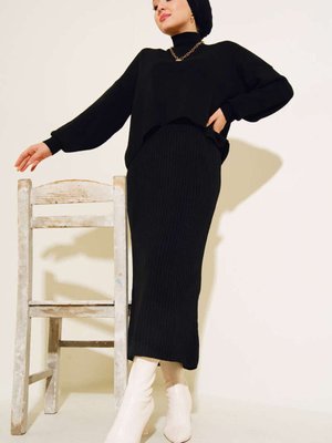 Balıkçı Yaka Kazak Jile Triko İkili Takım Siyah