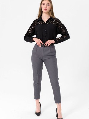 Gri Halka Kemerli Yün Efekt Pantolon