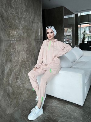 Neon Fermuarlı Kapüşonlu Eşofman Takımı Krem Neon Fermuarlı Kapüşonlu Eşofman Takımı Krem