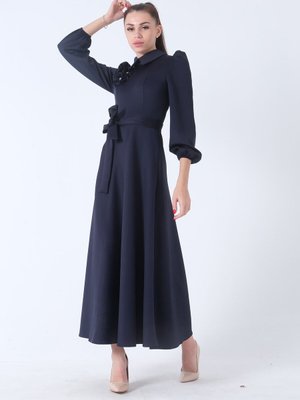 Lacivert Kemer Bağlamalı Kloş Elbise Lacivert Kemer Bağlamalı Kloş Elbise