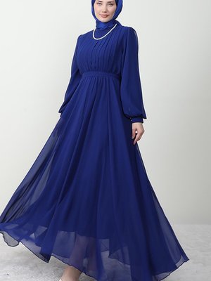 Beli Lastikli Pileli Şifon Elbise Gece Mavi
