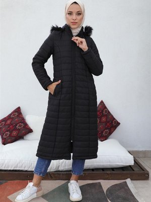 Uzun Kapüşonlu Şişme Mont Siyah