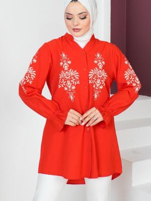 Kolları Ve Ğöğsü Flok Baskılı Gömlek Oranj