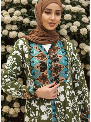 Desenli Viskon Elbise Haki