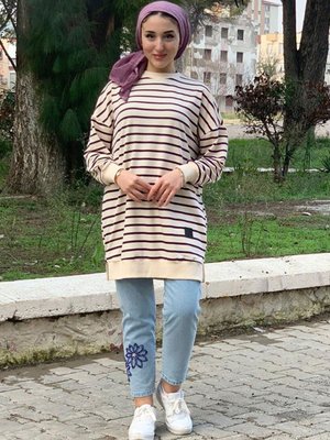 Mor/bej Çizgili Düşükkol Sweat